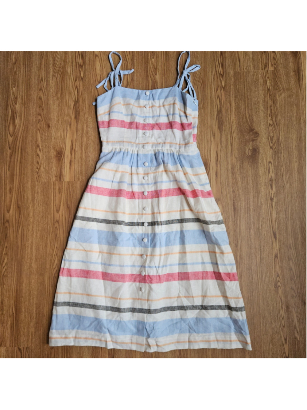 Gal Meets Glam Hattie Stripe Linen Blend Midi Dress Tie Sleeves Womens US 4